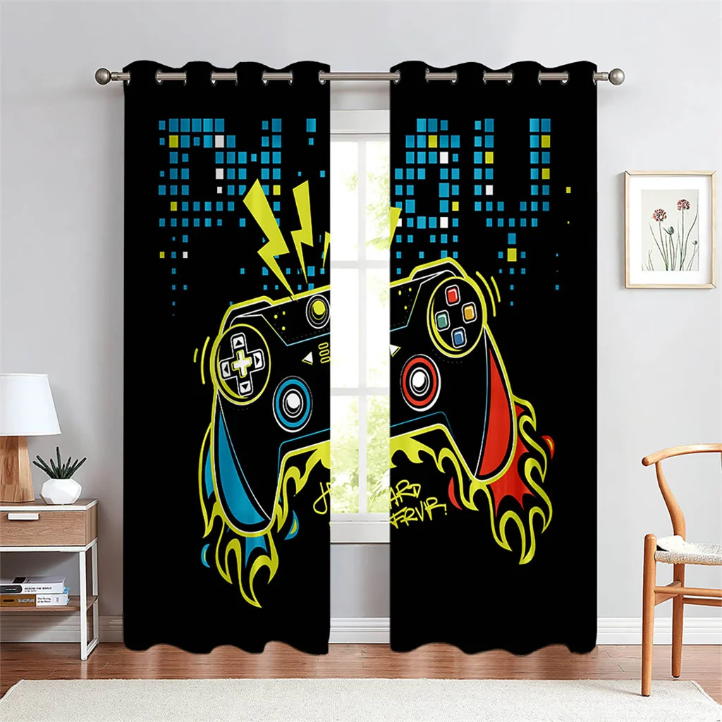 

2 Pcs Neon Game Controller Curtains Gaming Theme Pattern Living Room Bedroom Study Sun Shade Curtains Cool Home Decor