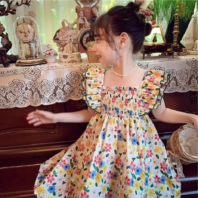 Girls' Floral Print Flutter Sleeve Dress Princess Dress2025Summer New Foreign Trade Children's Wear Delivery3-8Years Old