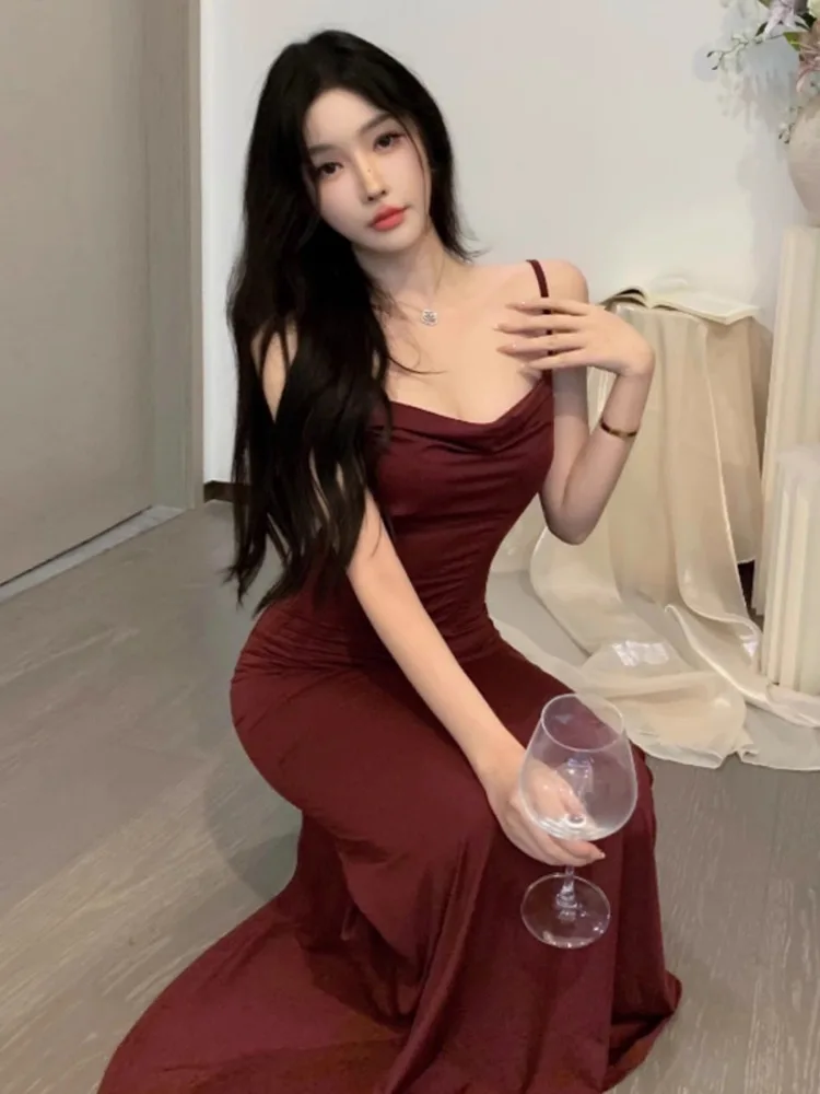 Kimotimo Temperament Spaghetti Strap Evening Dress Women Summer Sexy Low Cut Waist Slim Mermaid Bottomed Long Dresses Elegant