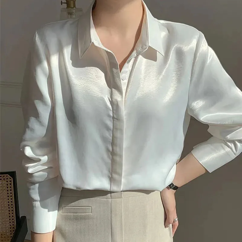 Lucyever White Imitation Satin Shirts for Women Korean Elegant Turndown Collar Silk Office Lady Blouse Solid Buttons Up Shirt