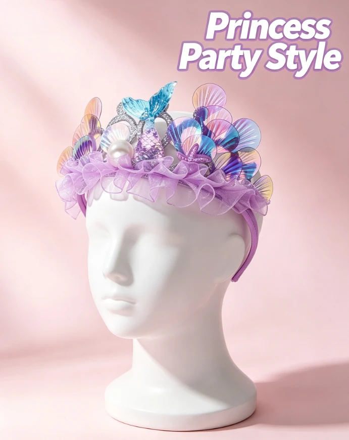 Children Colorful Pearl Sparkly Mermaid Princess Style Crown Kids Halloween Party Versatile Fashion Lightweight Hair Accessories