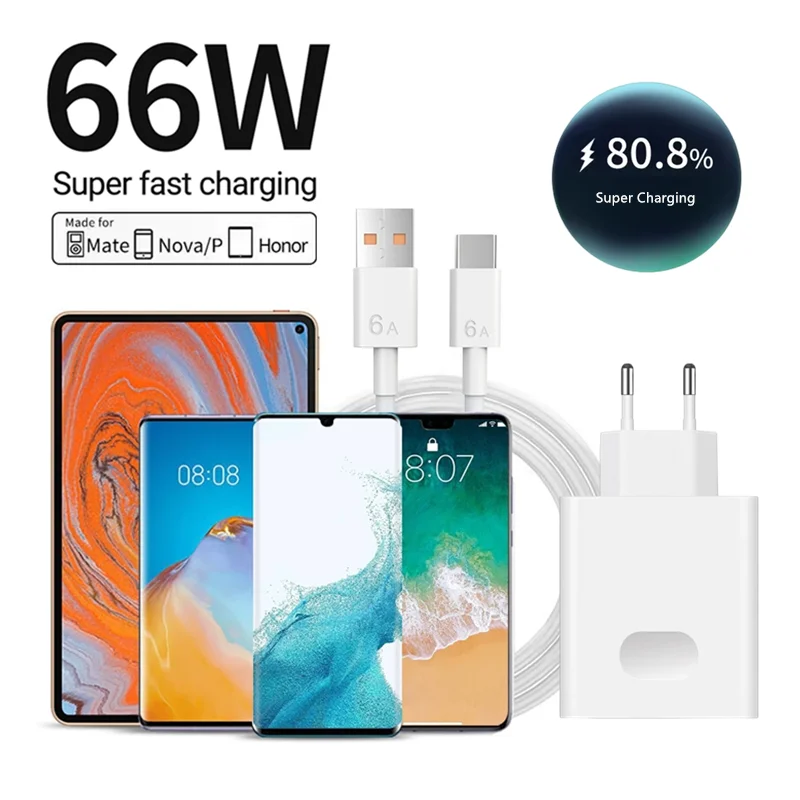 6A 66W Super Fast EU Wall Charger For Huawei Mate 40 50 60 P50 Nova 8 9 10 Honor 90 100 X7 X8 X9 Magic Type C Charging USB Cable