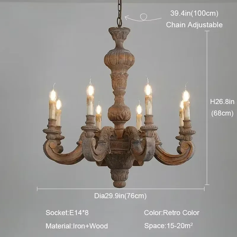Europese vintage hanglamp van hout, retro kroonluchter voor boerderijstijl, met gegraveerde kaarsen, voor woonkamer en slaapkamer.
