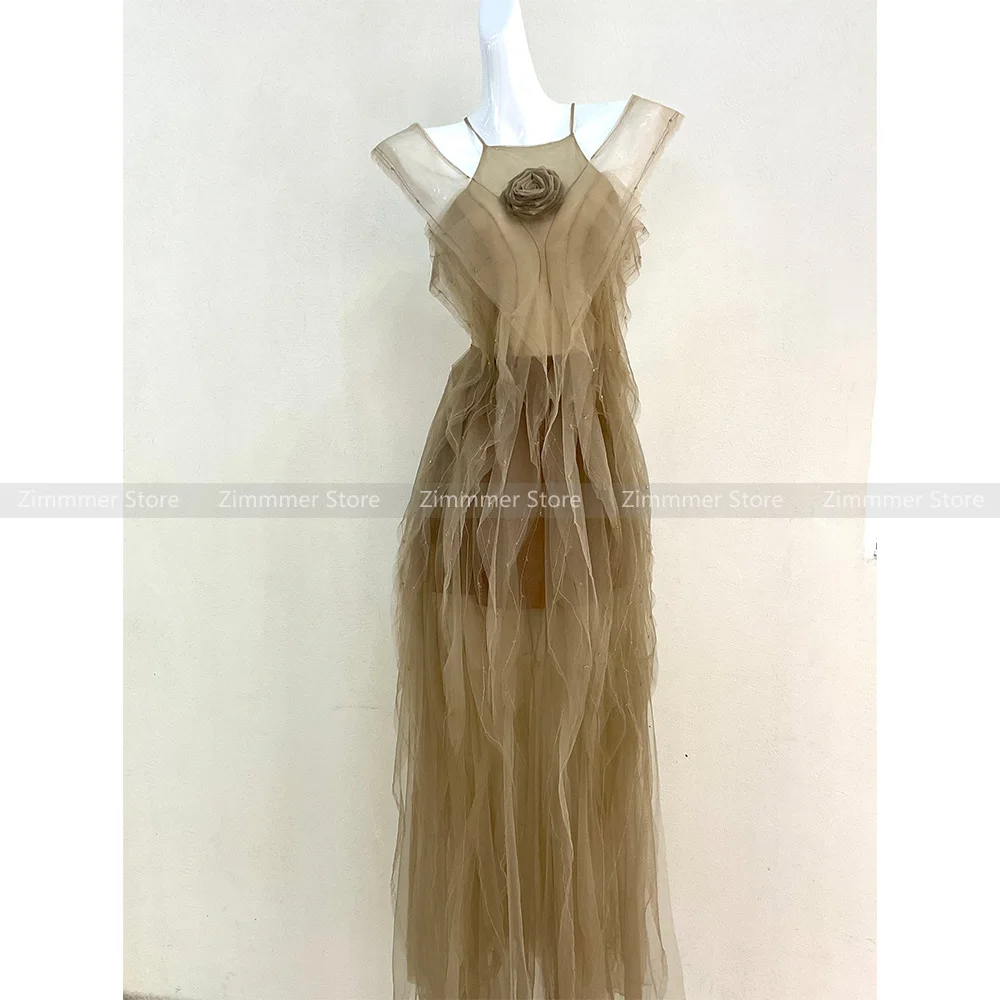 Vietnam niche 2024 summer new light yarn three-dimensional flowers irregular draping dresses