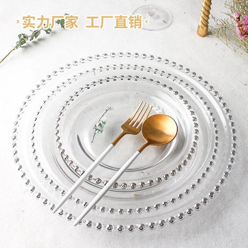 gold-plated bead plate light luxury glass electroplated disc round pearl western food steak plate silver large size bead