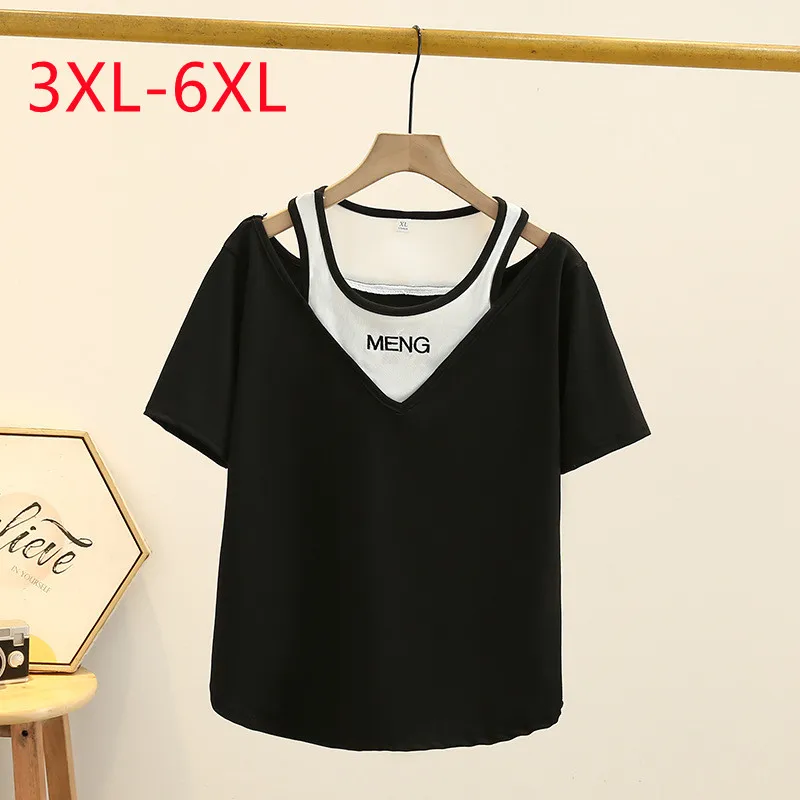 New 2023 Ladies Spring Summer Plus Size Tops For Women Large Size Short Sleeve O-neck Black T-shirt 3XL 4XL 5XL 6XL