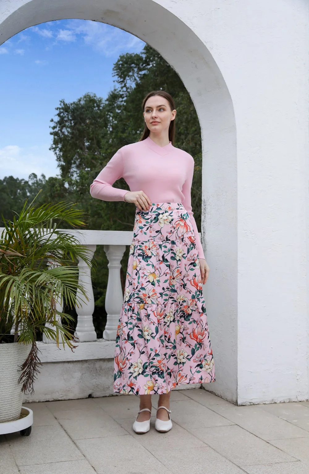 AP 2025SS Women Floral Satin Slip Dress Light Pink Knitting V-neck Sweater Elegant Lady Skirt
