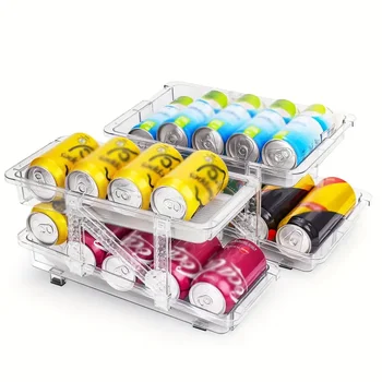 2pcs Soda Can Dispenser Adjustable Width Soda Can Organizer 2-Layer Canned Food Storage Rack For Kitchen Refrigerator