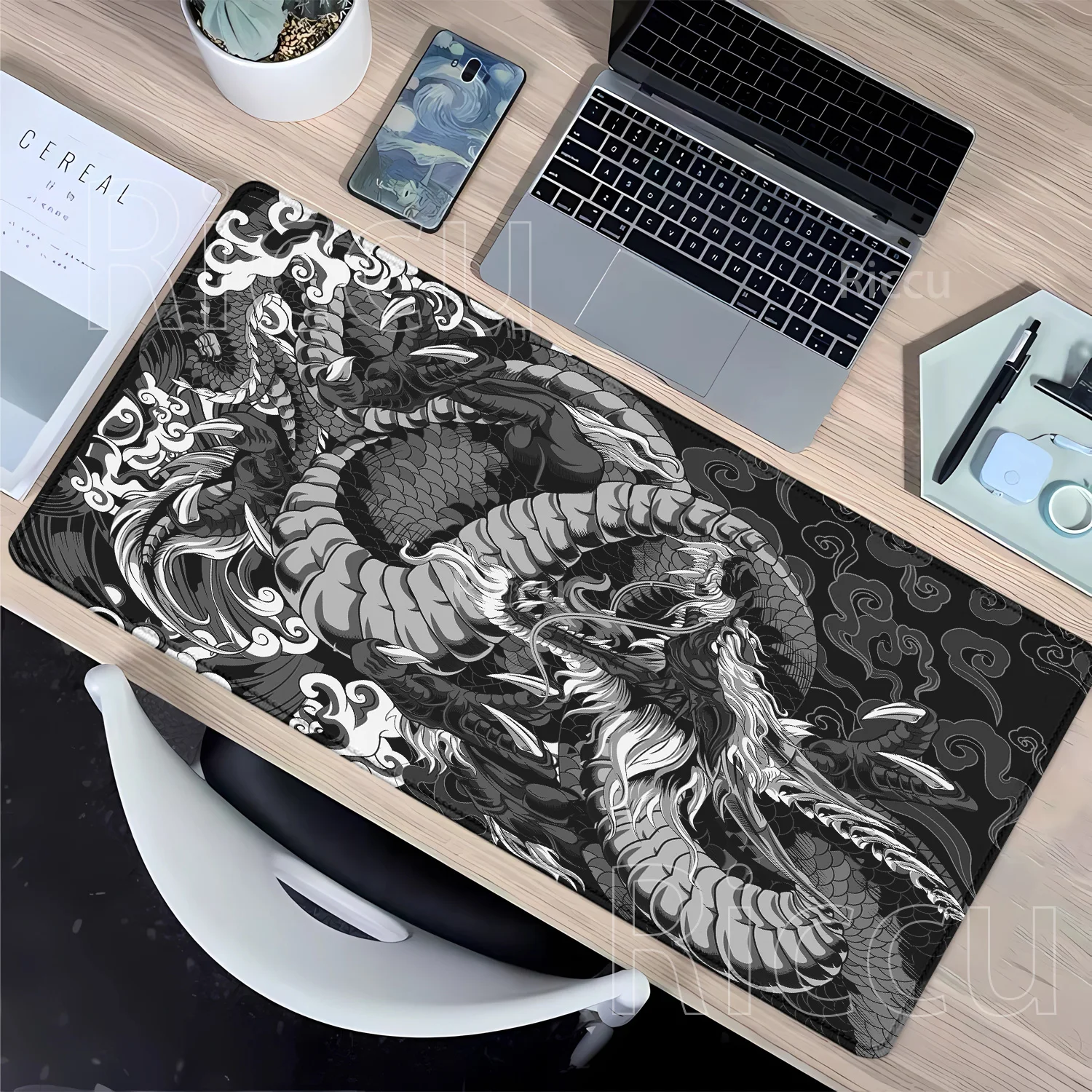 Schwarz-weißes Drachen-Gamer-Mauspad, 400 x 900 mm, Mauspad, Büro, große Tastatur, Mauspad, Computer, HD-Druck, Overlock-Schreibtischunterlage