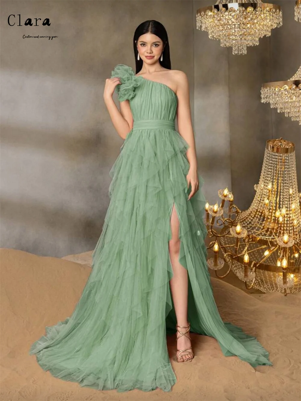 Clara personalizado verde a linha fora do ombro fendas laterais vestidos de noite d/festa vestido de noite de casamento feminino luxo 2025 vestido elegante