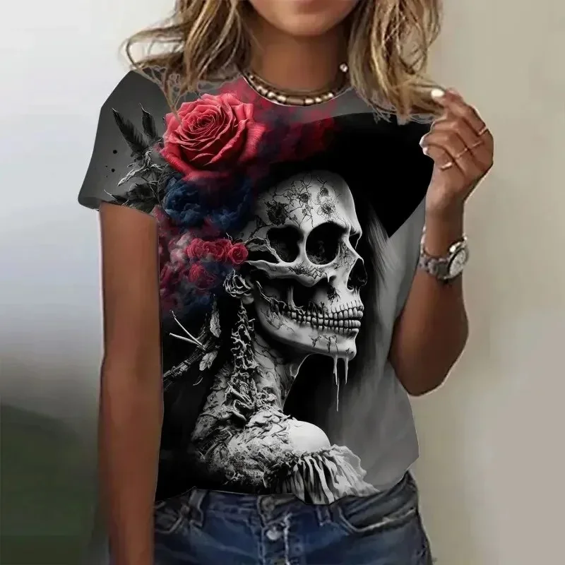 

3D Printed Rose Skull T Shirt for Women Vintage Pattern Tees Summer Casual Harajuku O-Neck Tops Short Sleeves Oversized T-Shirts