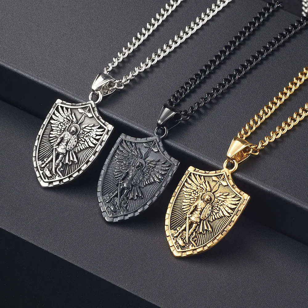 

Vintage Punk Fashion Saint Michael Pendant Shield Angel Pendant Necklace for Men Women Blessing Religious Jewelry