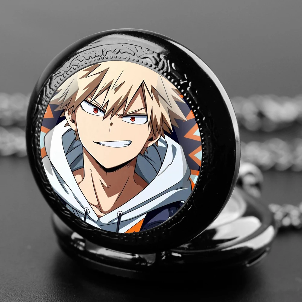 Exquisite Anime Bakugou Katsuki Glass Dome Quartz Pocket Watch Arabic numeral Necklace Pendant Gifts For Women Man with Chain