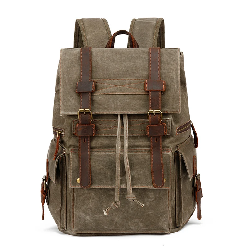 High Quality Waterproof Waxed Canvas + Genuine Leather Backpack Men Hiking Bagpack Large Canvas Travel Backpack male Daypack