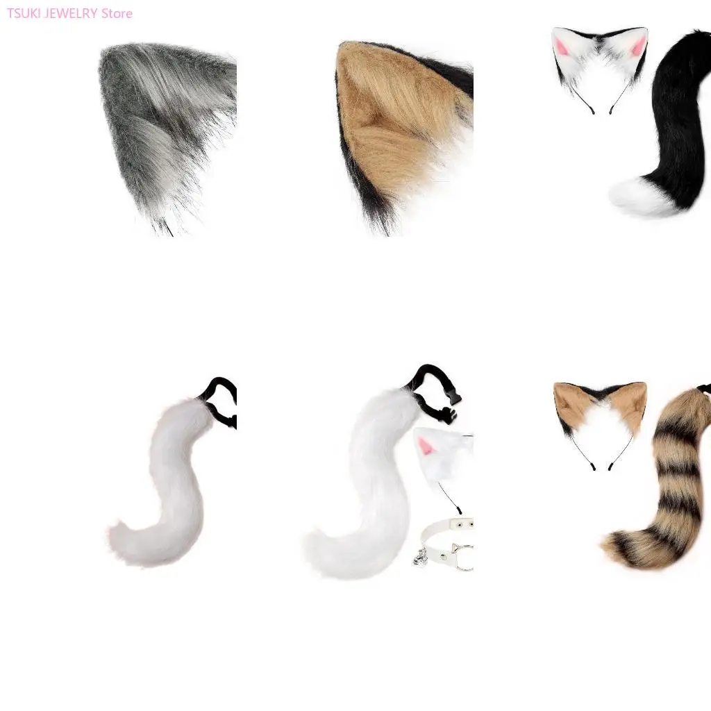 62ke-猫耳ヘッドバンドぬいぐるみ動物耳ヘアバンドベルチョーカーテールセットふわふわ子猫耳帽子パーティーハロウィン