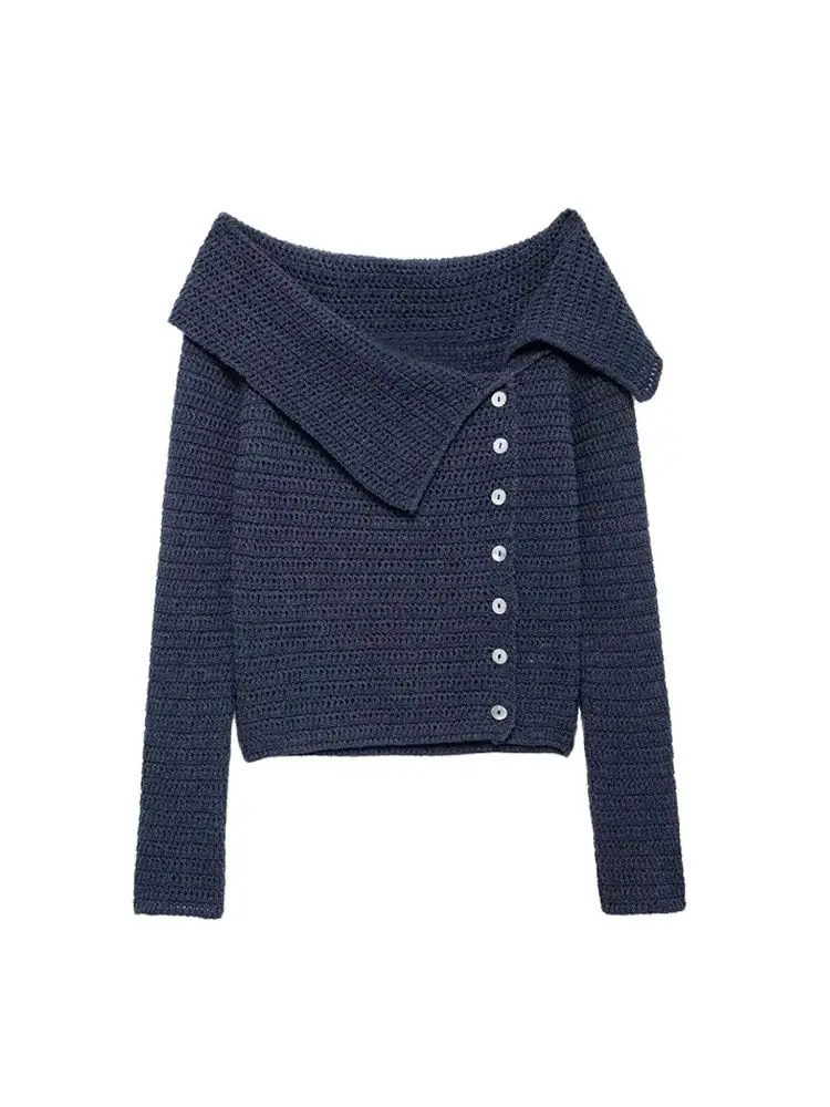 Women's Front Crossover Button Knit Sweater, Wide Lapel Collar, Long Sleeve, Female Pullover, Chic Tops, Fashion