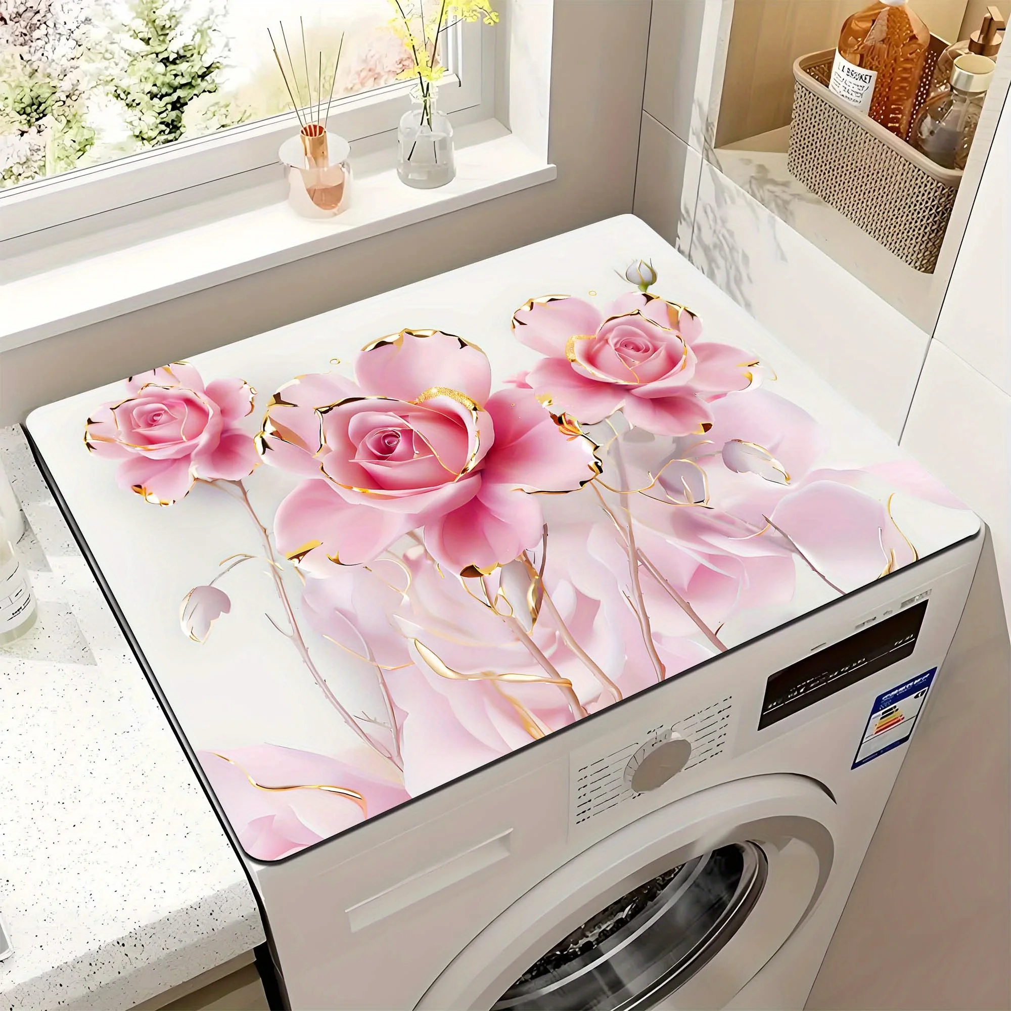 VIKAMA Modern Pink Rose Washer and Dryer Lid Protector - Quick-Drying, Absorbent Top Cover for Washing Machines and Dryers