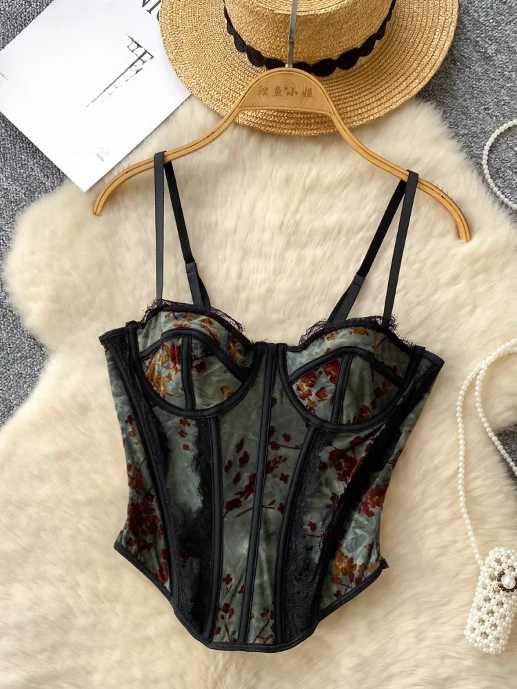 

SINGREINY 2025 бархатное нижнее белье с принтом, майка на бретелях, кружевной корсет, тонкая камзол, уличная одежда, сексуальный топ в американском стиле ретро
