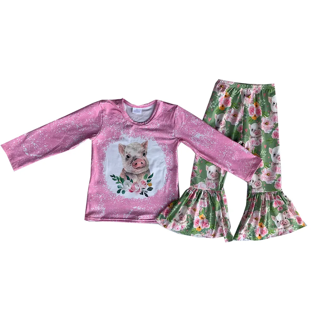 

Toddler Girls Boutique Outfits Long Sleeves Cartoon Piggy Flower Bell Bottom Pants Kids Girls Set