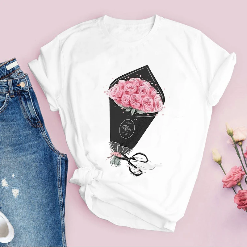 Mode Macaron Bloemen Grafische T-shirt Vrouwen T-shirt Harajuku Tee Shirt Print Femme Vrouwen Afdrukken T-shirt Vrouwelijke Losse T-shirt