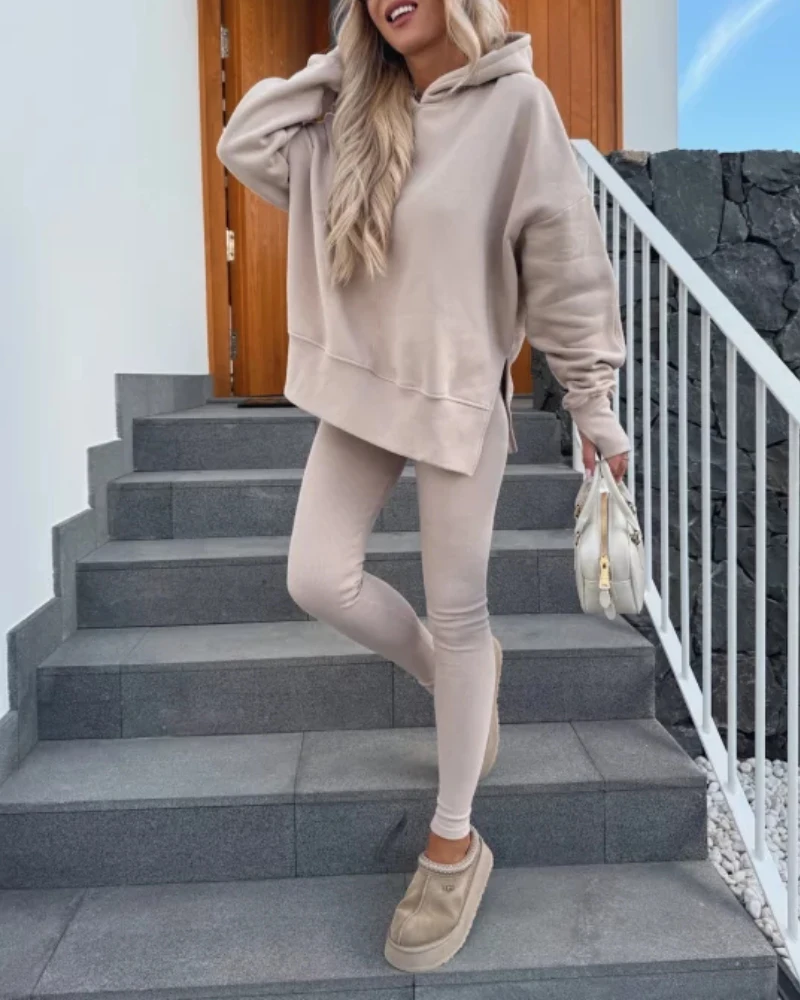 

New Fashion 2025 2 Pieces Sets Womens Outfit Long Sleeve Hoodie Side Slit Casual Sweatshirt and Slim Fit Pants Active Set