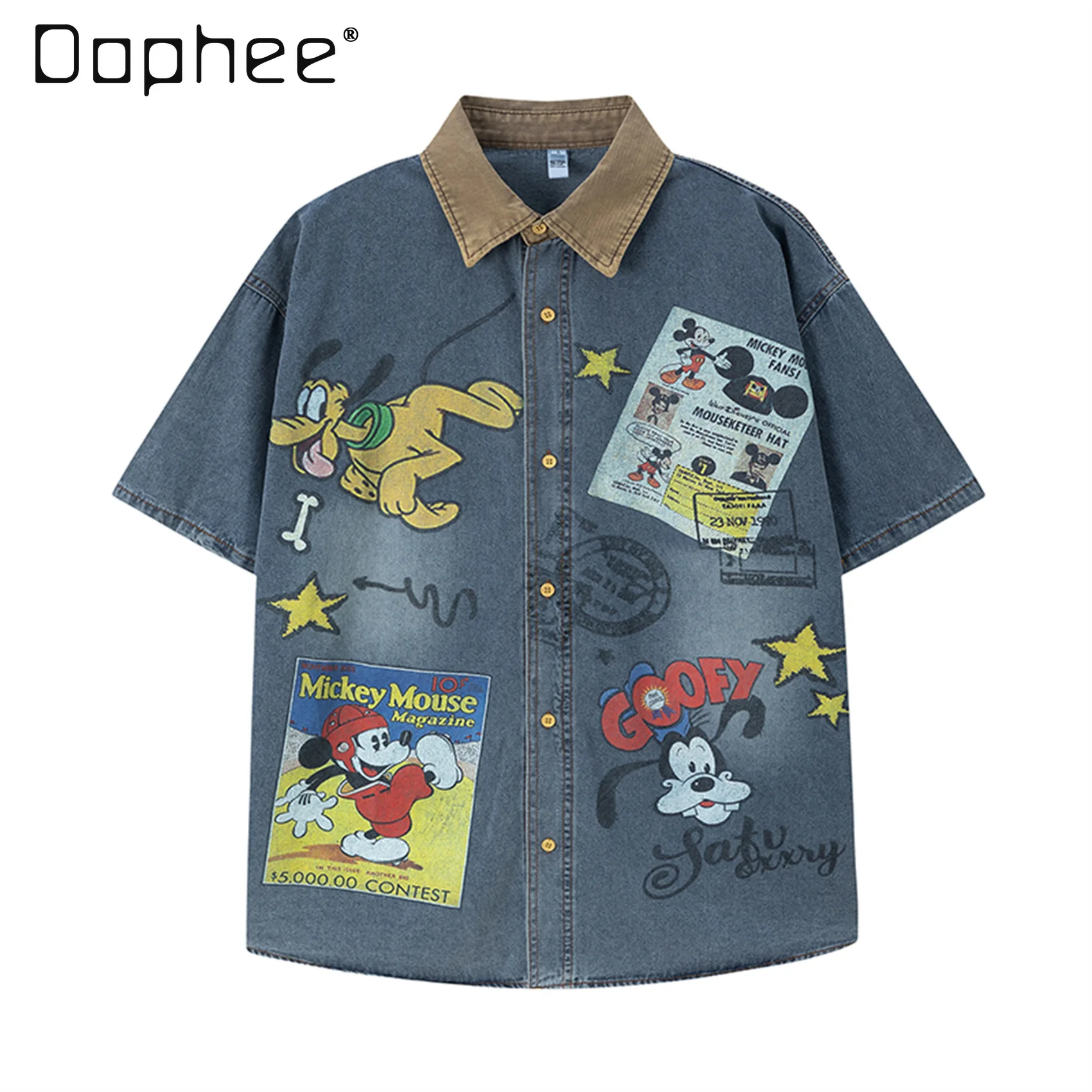 

Fun Cartoon Printed Denim Short-sleeved Shirt Men's and Women's Spring Summer Loose Casual Couple Shirt Denim Jacket