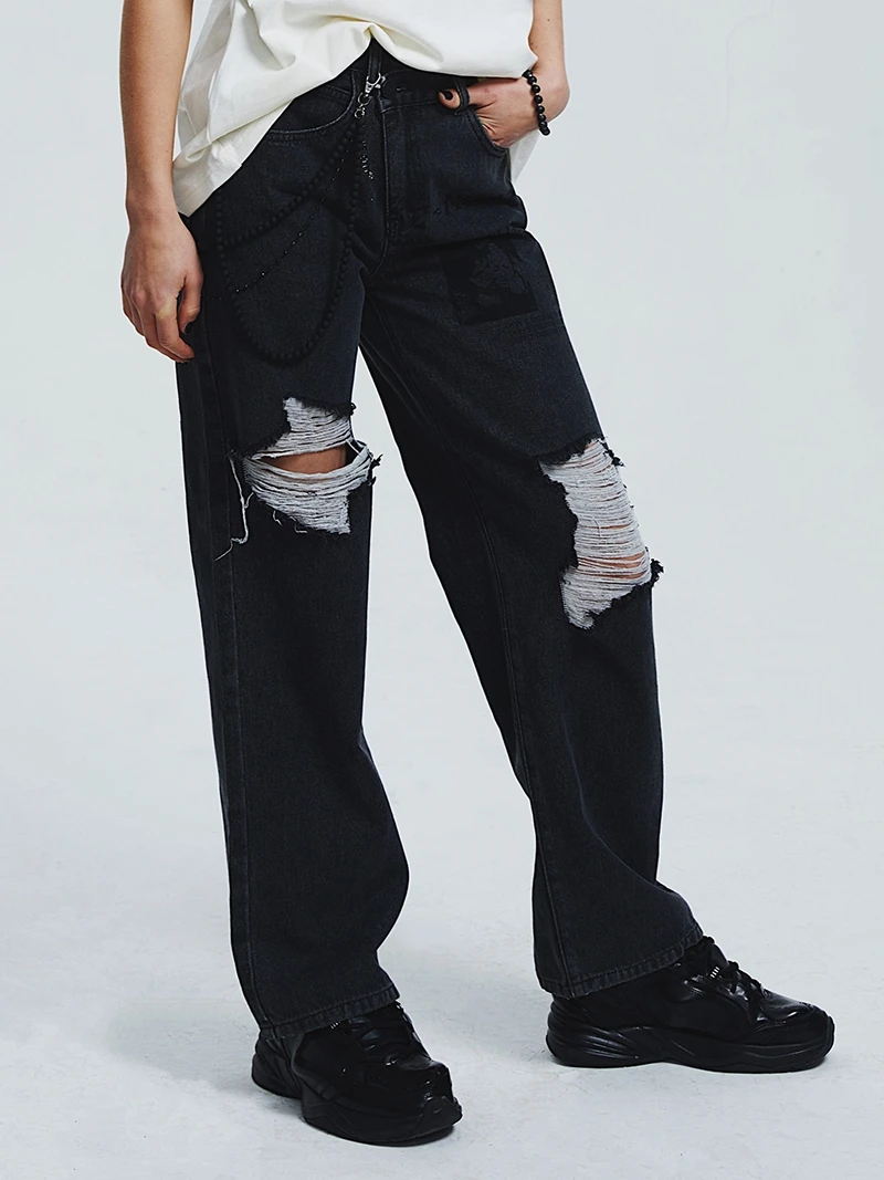 

New Plusneato Series Printed Distred Waed Denim Jeans Neutral Sle Straight Leg l Waist Spring Summer