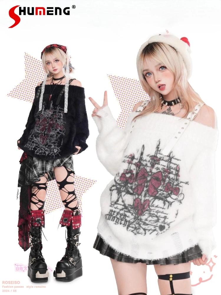 

Vintage Punk Subculture Sweet Cool Girl Y2K Knitted Tops Off-Shoulder Long Sleeve PU Strap Loose Casual Pullovers Sweaters Women