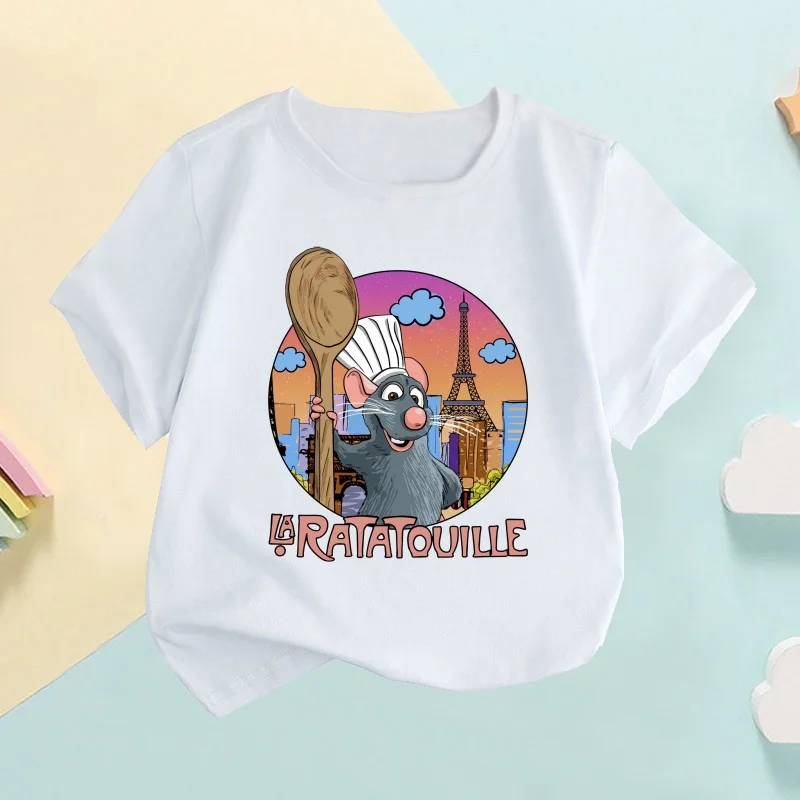 Ratatouille Remy Mouse Print Cartoon Kids T-shirt Children's Clothes Summer Baby Girls Tops Boys Short Sleeve White T shirts