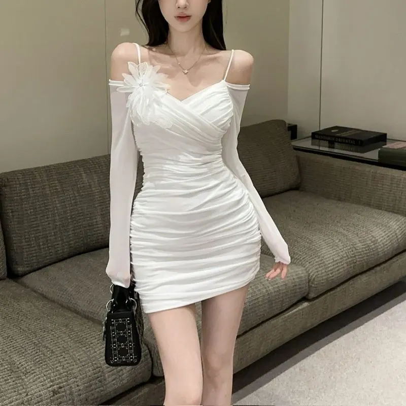 

Female Clothing Off Shoulder Mini Dress Waist Slim Spring Autumn New Solid Color Aura Floral Gauze Elegant Folds Bag Hip Dresses