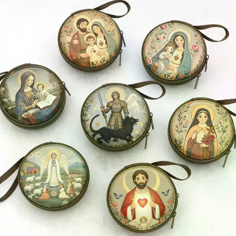 Prayer Rosary Storage Bag Iron Artwork Zippered Religious Articles Round Elegant Jewelry Necklace Box, And Coin Purse