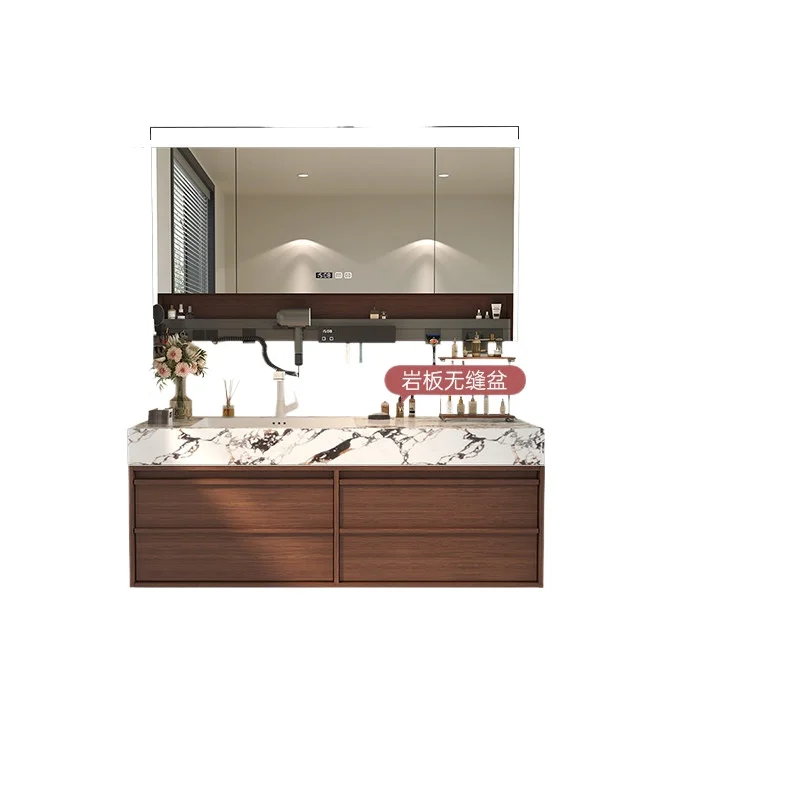 

walnut color bathroom cabinet combination rock slab hot bending integrated basin bathroom seamless washstand bathroom cabinet