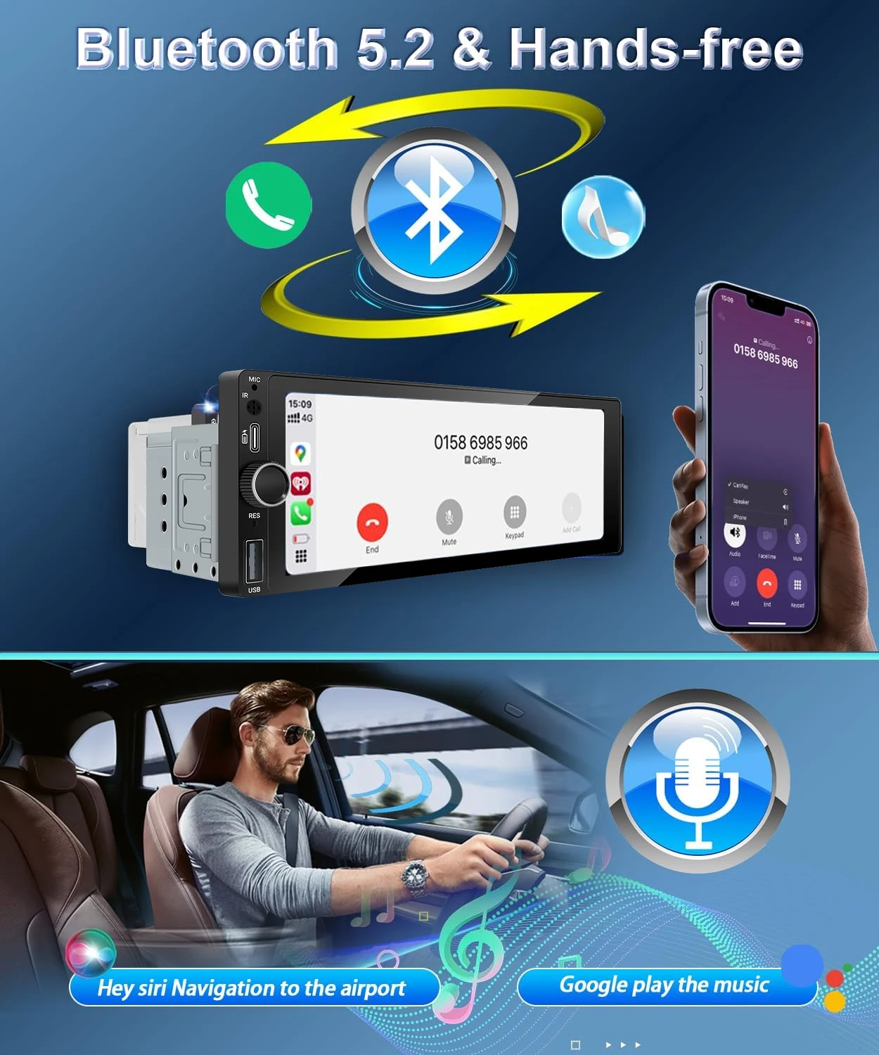 XIMA IPS HD 6.9 Inch Car Radio Wireless Carplay Android Auto 1Din Multimedia Playe Mirrorlink AUX Bluetooth USB Type-C Charging view 3