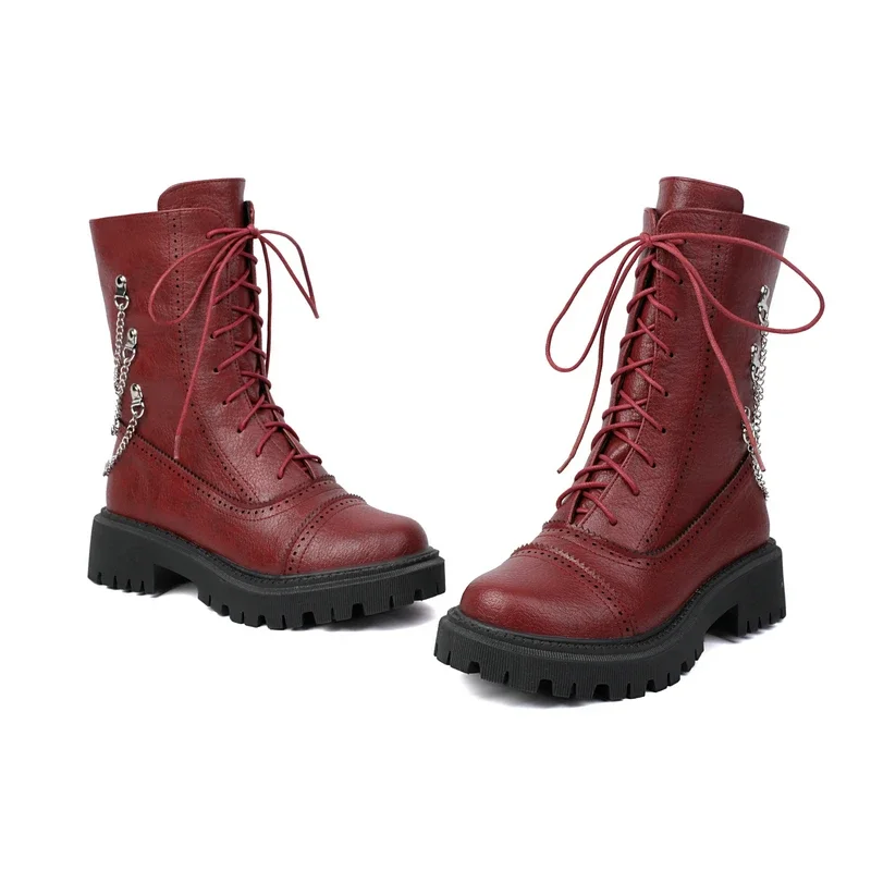 Blue Wine Red Color Brogue Designer Luxury Goth Women Shoes Lace-up Casual Ladies Ankle Boots Motorcycle Botas with Metal Chain image 6
