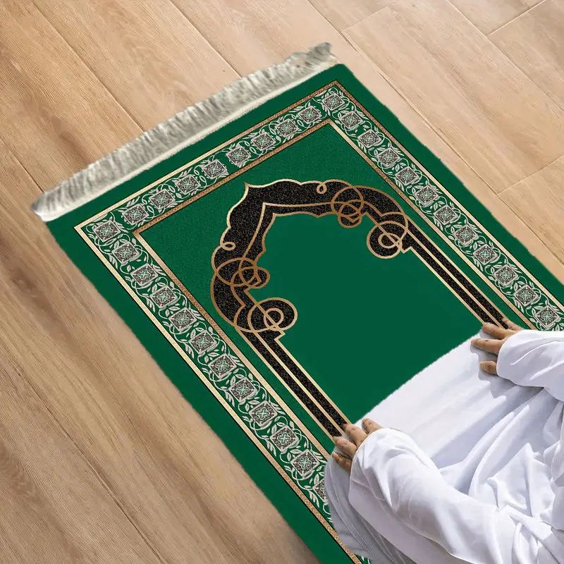 VIKAMA Emerald Gold Curved Arch Mosque Prayer Carpet, Wear-Resistant & Non-Slip, Elegant Kneeling Mat for Worship