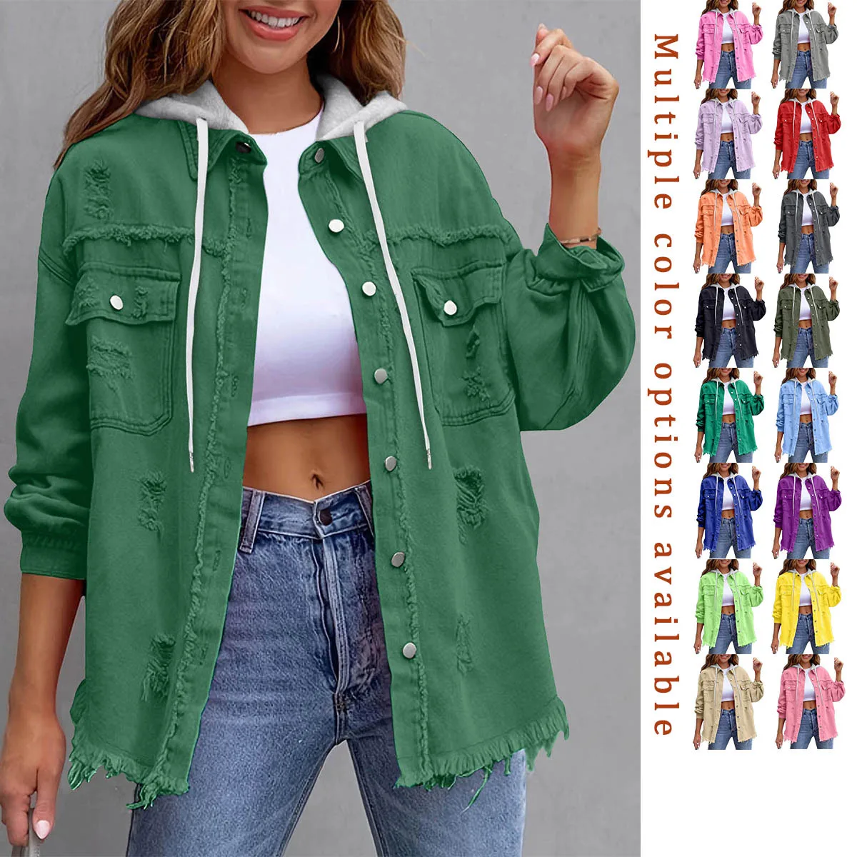 Women Hooded Denim Jacket Distressed Hole Raw Edge Single Breasted Long Sleeve Casual Work Jackets Splice Loose 2026 Autumn