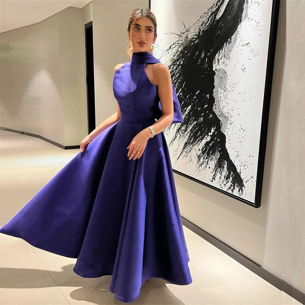 Elegant Purple Short Evening Prom Dresses Satin Customized Halter Bow Tea Length Vestidos Elegantes Para Mujer 2023 Saudi Arabia