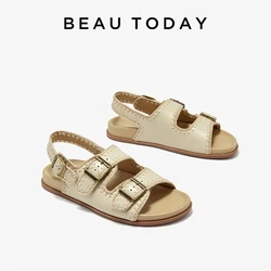 BEAUTODAY Retro Sandals Women Calfkin Leather Cotton Buckle Strap Open Toe Roman Casual Outdoor Ladies Shoes Handmade 34606