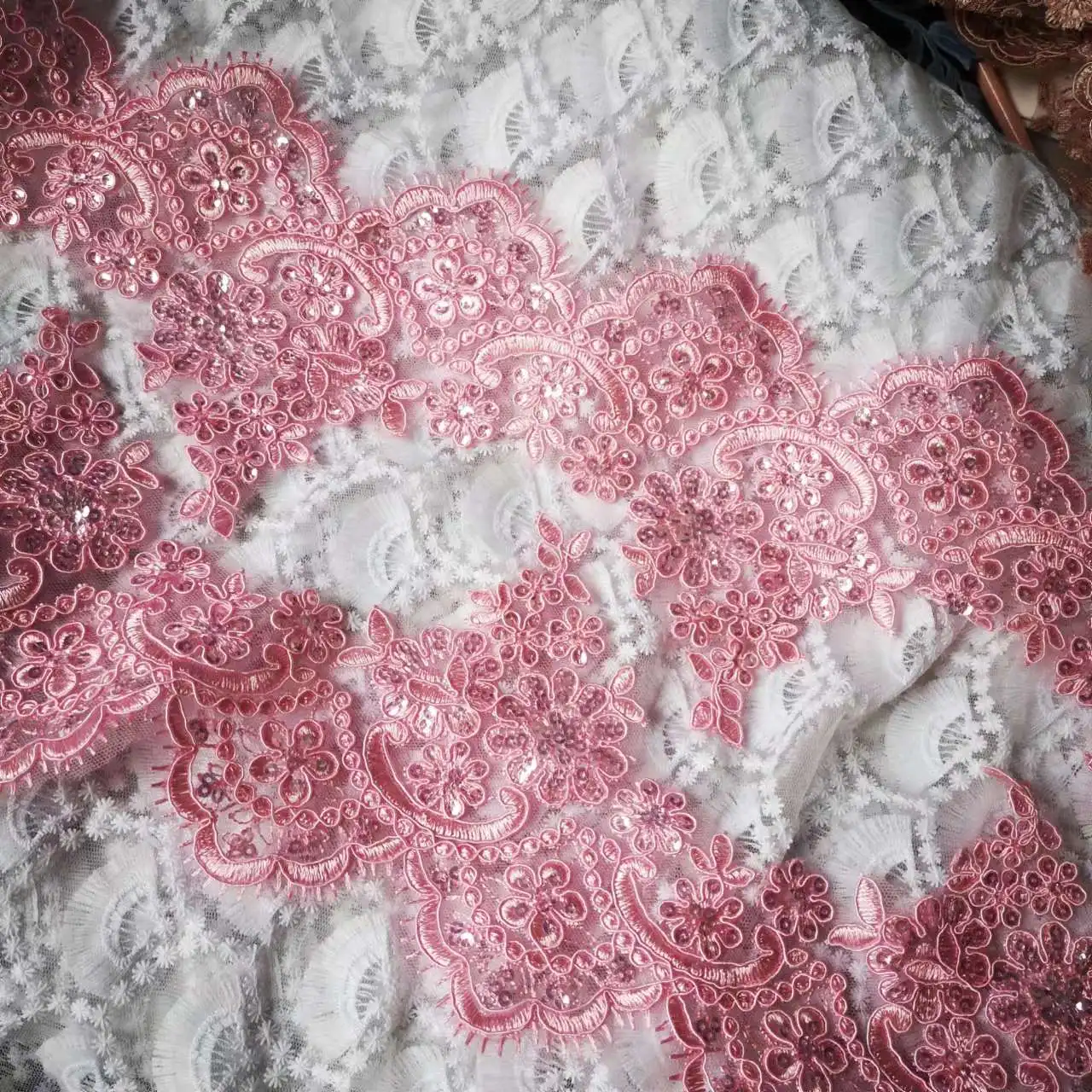 1Yard 13cm wide Pink Champange Sequins Edge Polyester Embroidery Lace Trim for Bridal Wedding Gown Costume Design Lace Ribbon