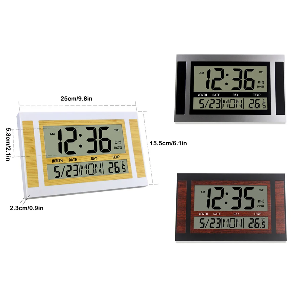 Digital Wall Clock LCD Large Temperature Calendar Alarm Wood Grain Table Clocks Modern Style Bell Thermometer Office