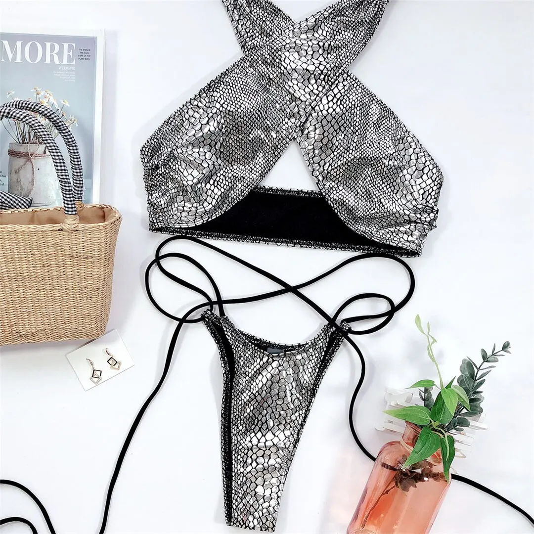 2026 Glänzender Neckholder-Tanga-Bikini Damen-Bademode Zweiteiliger Bikini-Set Wickel-Badeanzug Badebekleidung V2089 – Detail 16