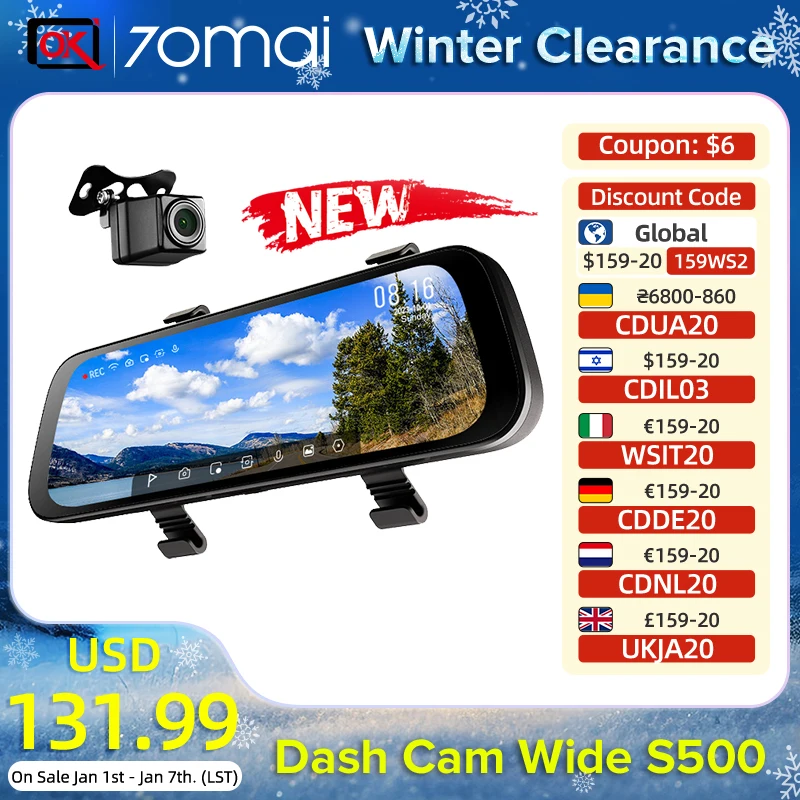 Global 70mai Rearview Dash Cam S500 9.35Inch Touch Screen Dual-channel HDR 1944P 138FOV 70mai Car DVR S500 Voice Control