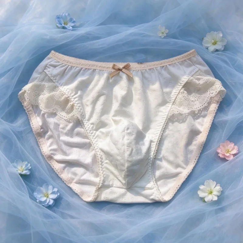 White Cotton Lace Edge Men Sexy Briefs Crossdressing Bow Lingerie Comfortable Breathable Convex Pouch LGBT Underwear