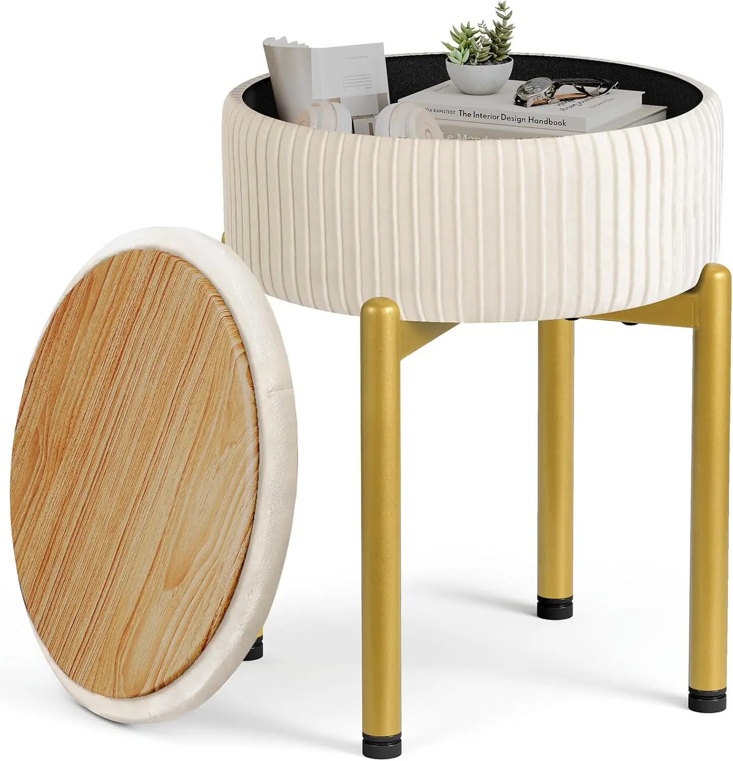 

18-Inch Velvet Vanity Stool Chair With Storage, Vanity Bench With 4 Golden Metal Legs & Anti-Slip Adjustable Feet,Round Storage