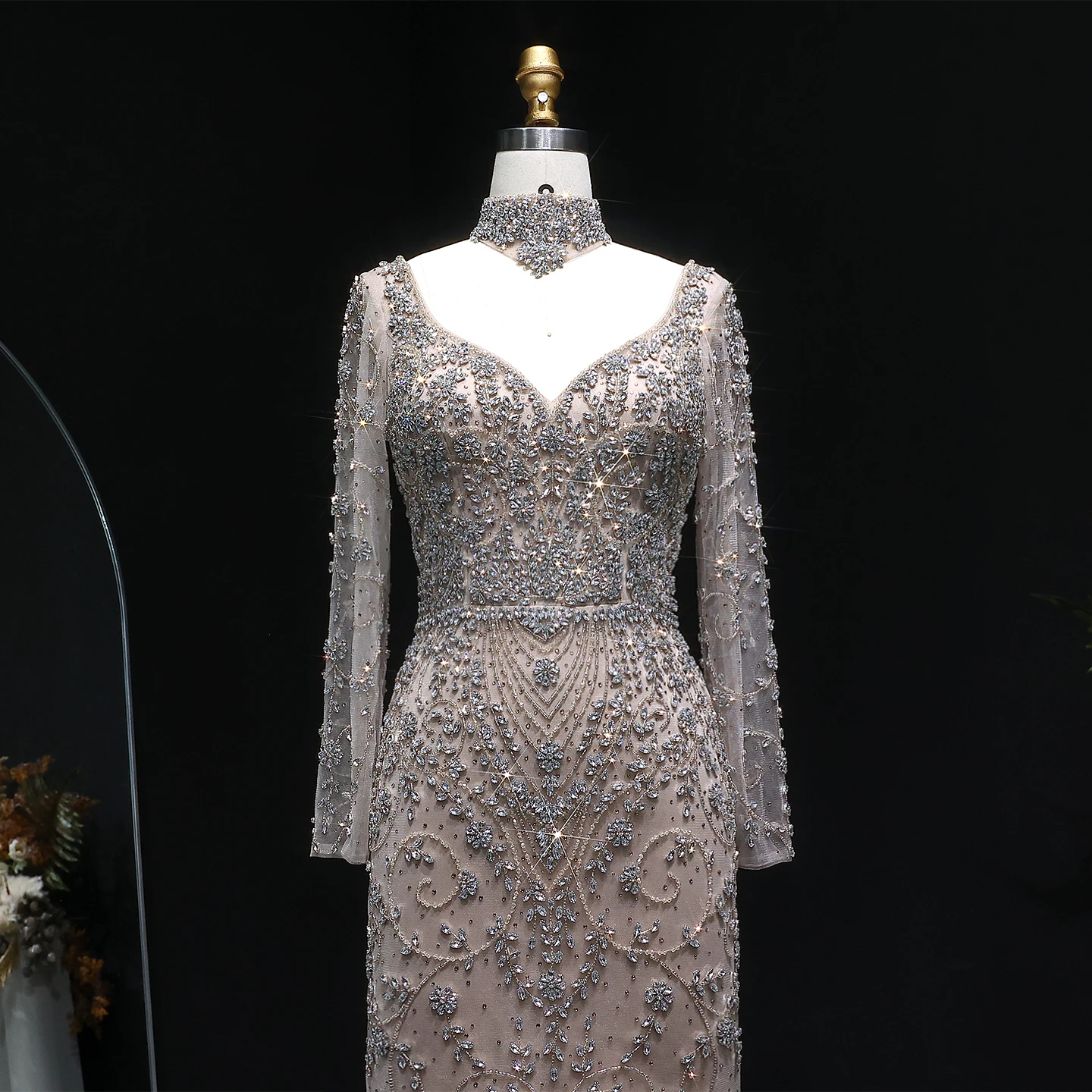 Sharon Said Luxuriöses Arabisches Dubai Rosa Meerjungfrauenkleid mit Langen Ärmeln, Perlenbesetztes Formelles Abendkleid für Hochzeit, Party, Ball, SS181 Maßanfertigung – Detail 18