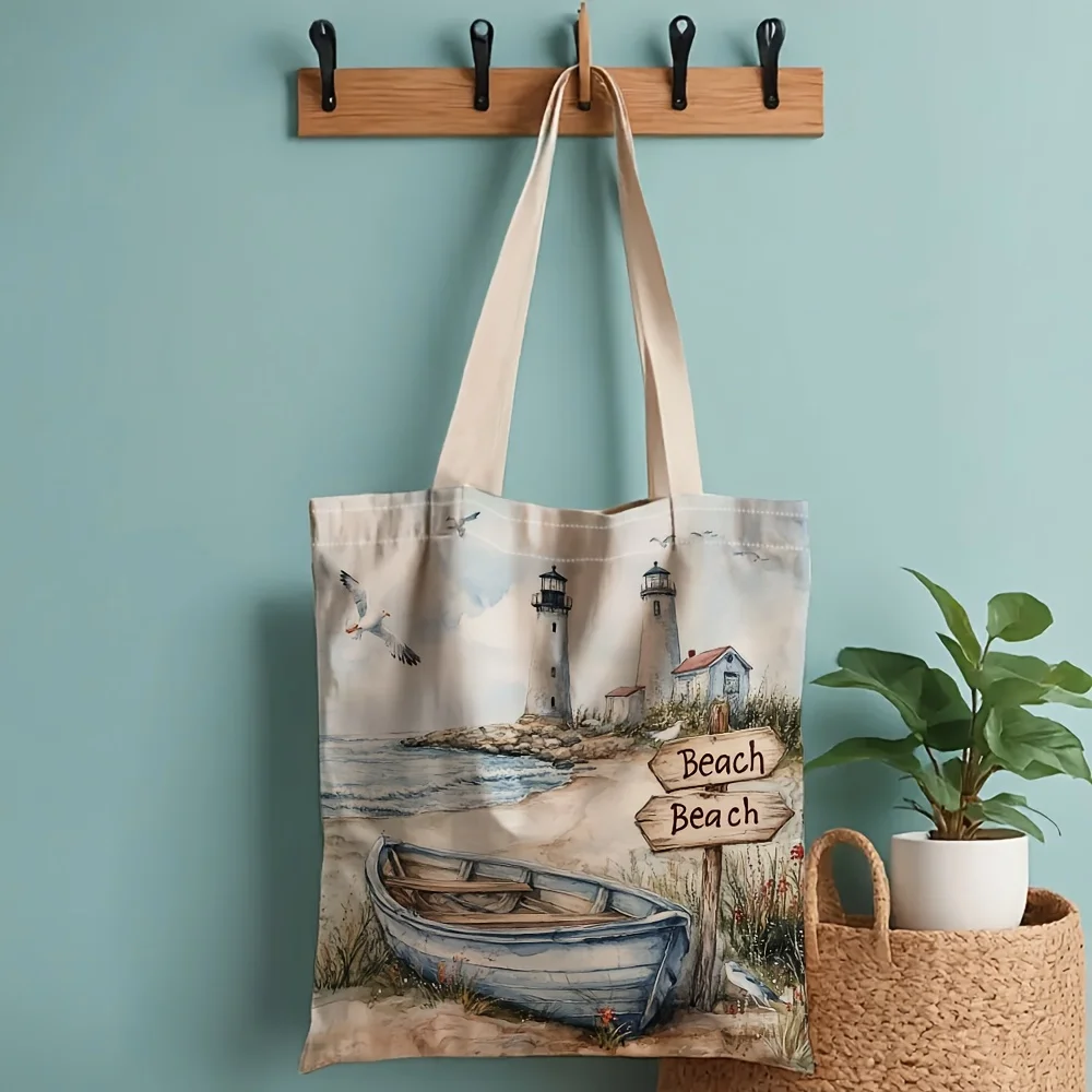 A Lighthouse & Sea View Canvas Tote Bag | Large-Capacity Sto