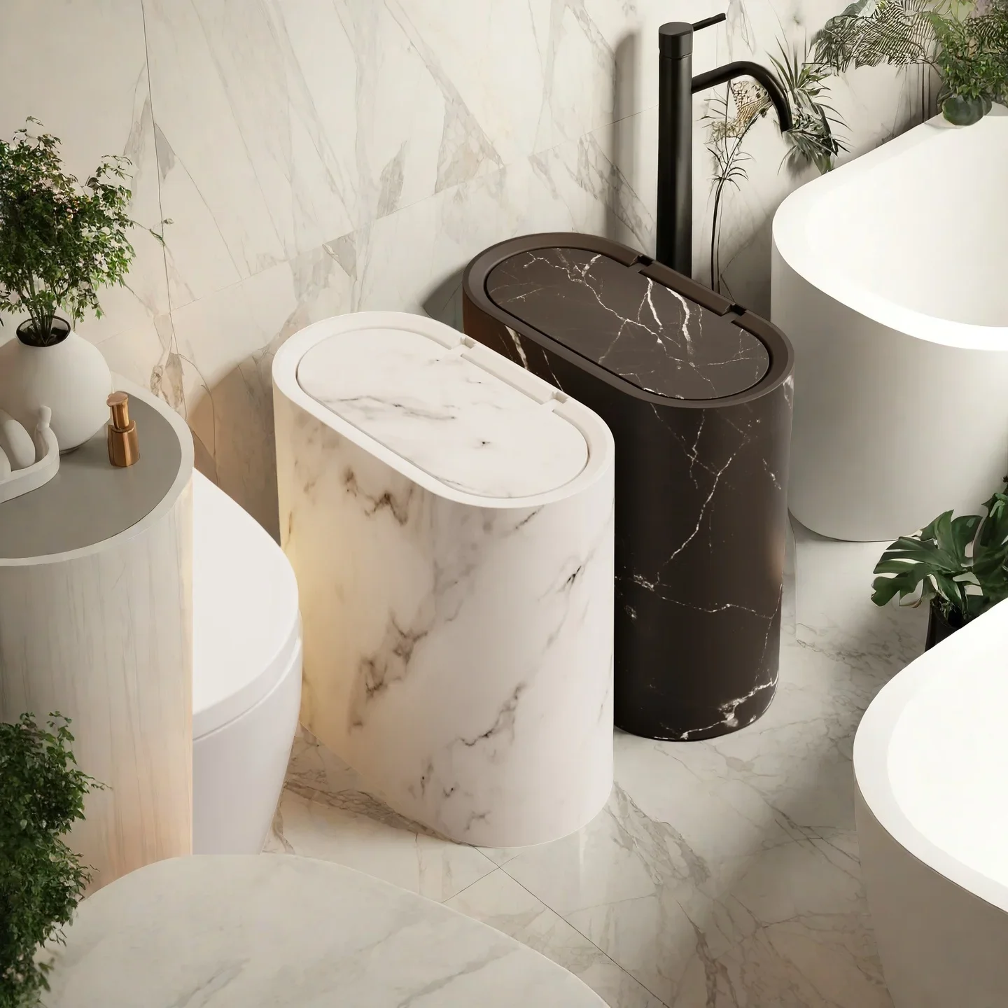 For Bathroom, Bedroom 1pc Marble Pattern Trash Can with Lid - Press-Top Design, Plastic Bin, Modern Black & White Marble Texture