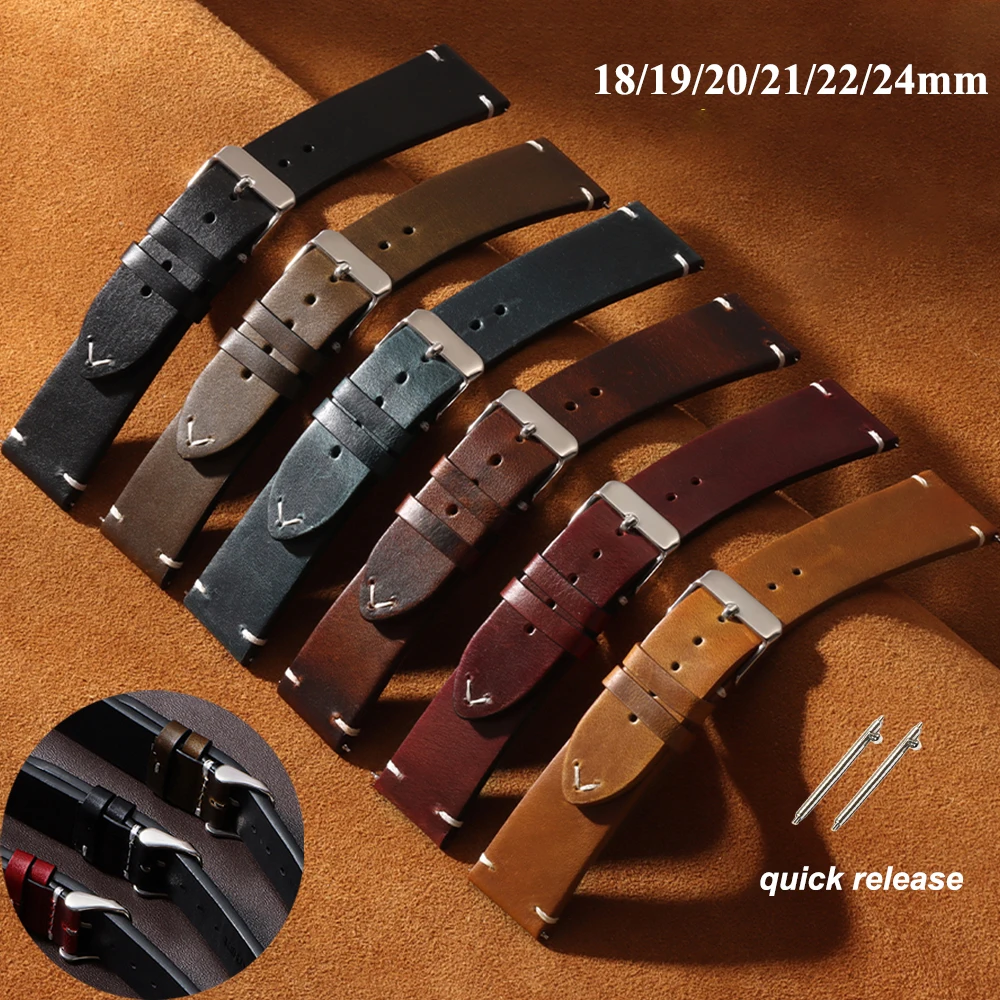 18mm 19mm 20mm 21mm 22mm 24mm Genuine Cowhide Retro Oil Wax Watchband Quick Release Leather Strap for Seiko for Rolex Wristband