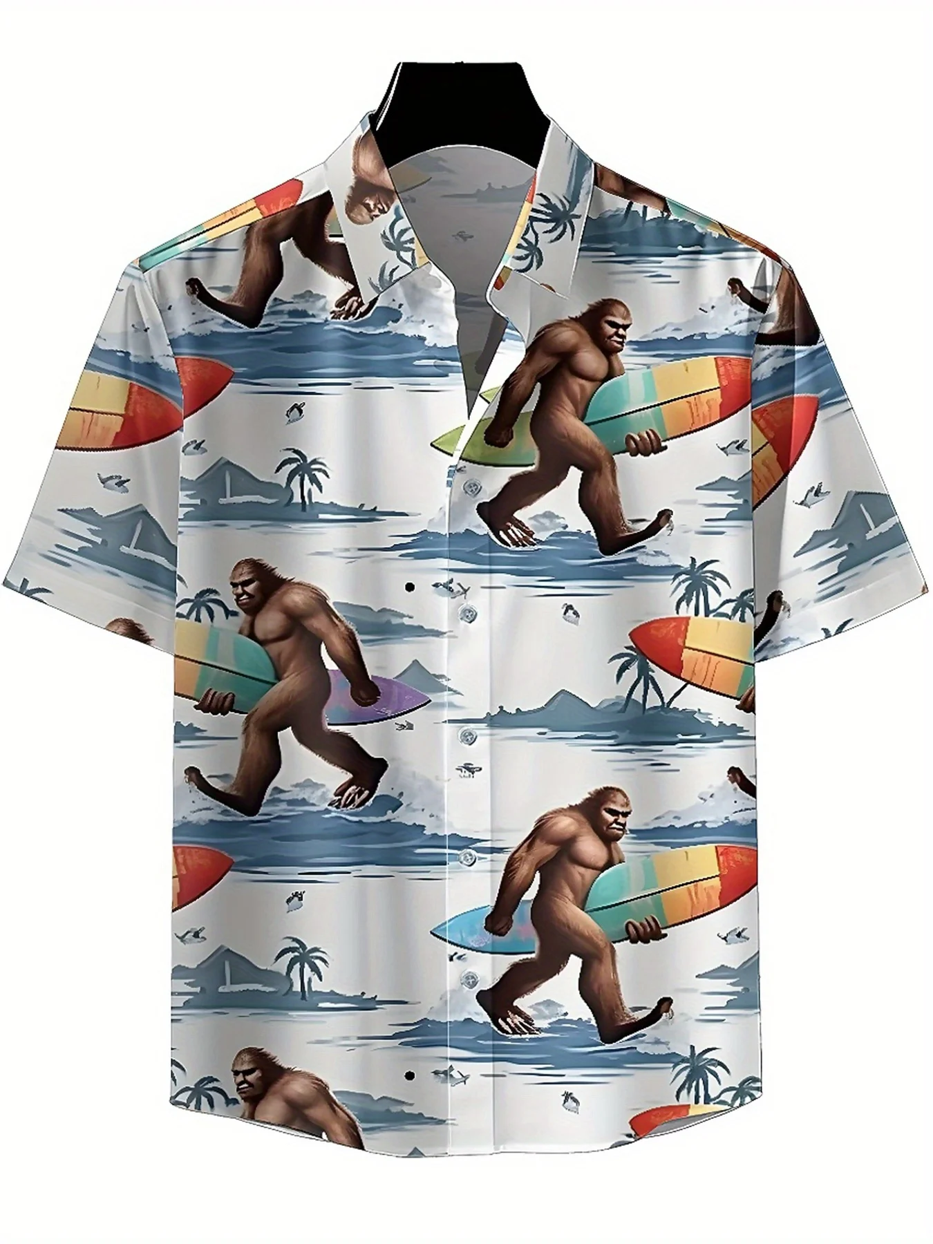 Men's Plus Size Hawaiian ShirtsSasquatch Surfing Adventure with Palm Treespattern,Premium Comfort Youth Clothes,Streetwear Tops