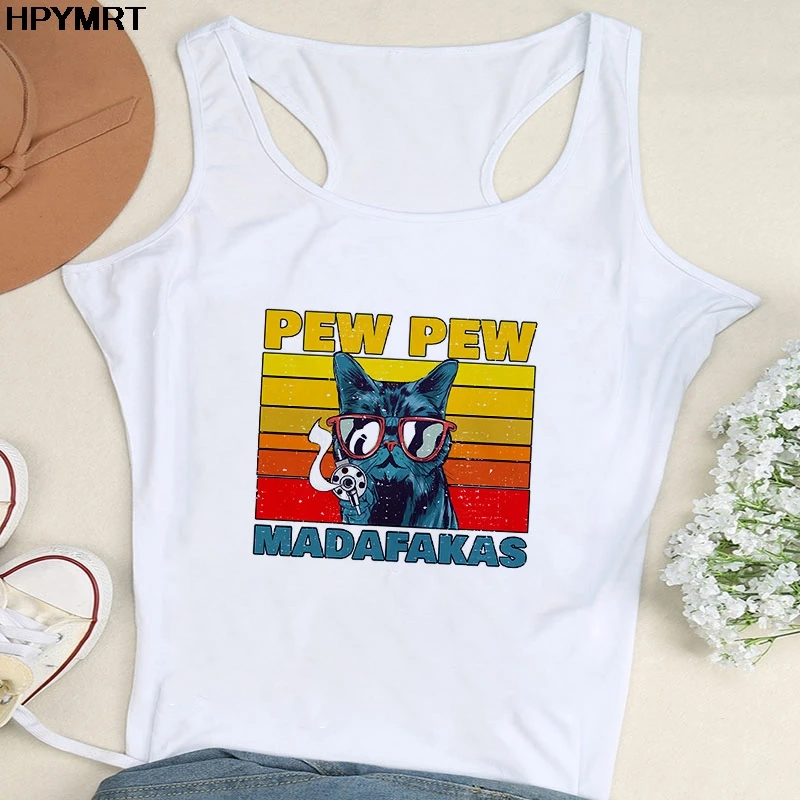 Camisole Sexy Vest Tank Tops 2021 Murderous Black Cat With Gun Funny Pew Pew Madafakas Print Women Sleeveless T-Shirt Female Top